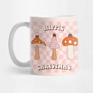 Vintage Merry Mushrooms. Retro vintage Christmas groovy toys of mushroom on checkerboard background. Mug